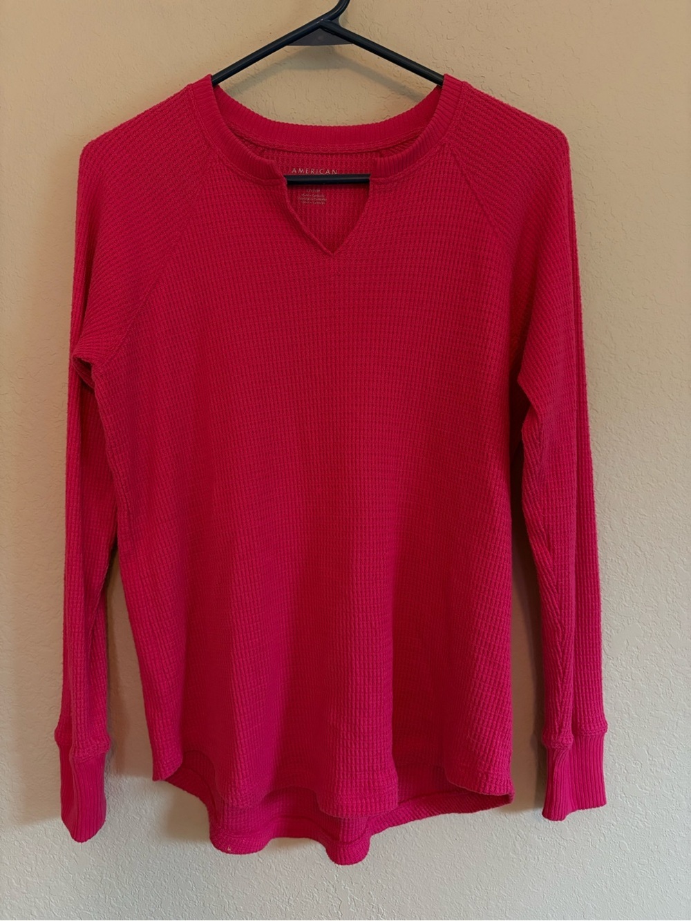 American Eagle Outfitters Bright Pink Waffle-Knit Long Sleeve Top